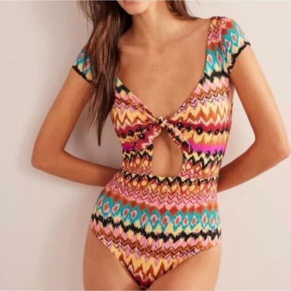 Boden Size 14 Multi Ikat Boden Cap Sleeve Tie Swimsuit NEW - Picture 1 of 9